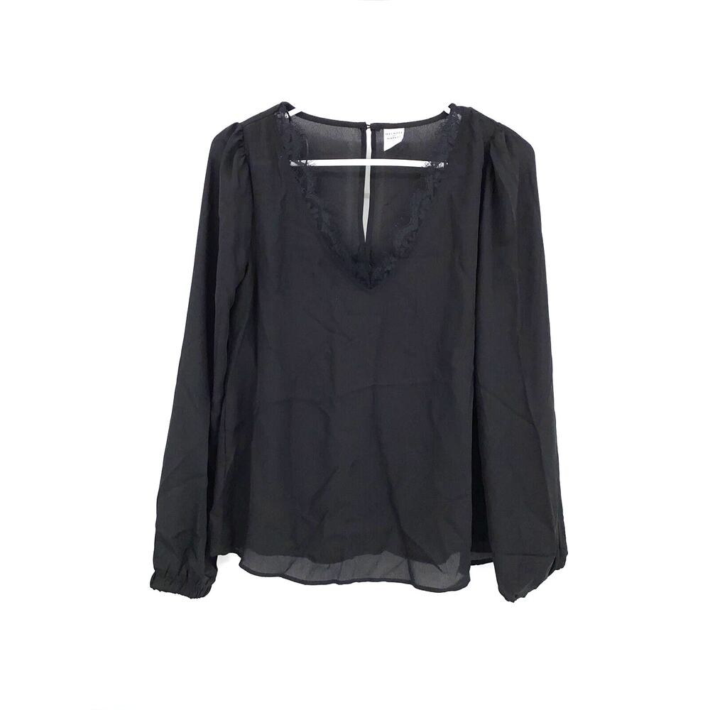 Melrose And Market Womens V-Neck Lace Trim Long Sleeve Blouse Top Black Size XS